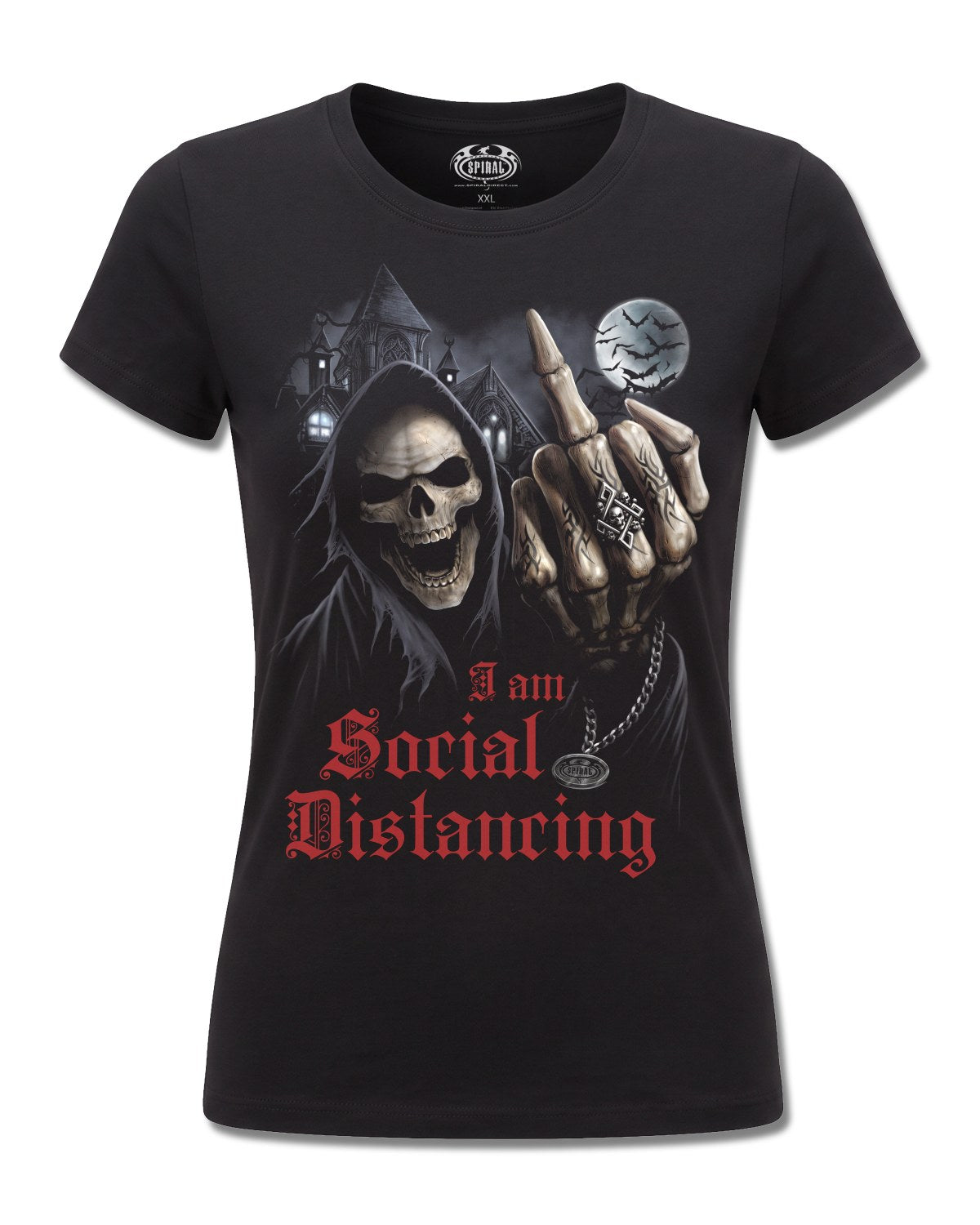 Spiral Social Distance design, front view on Black F775, Rock Off Retail official merch