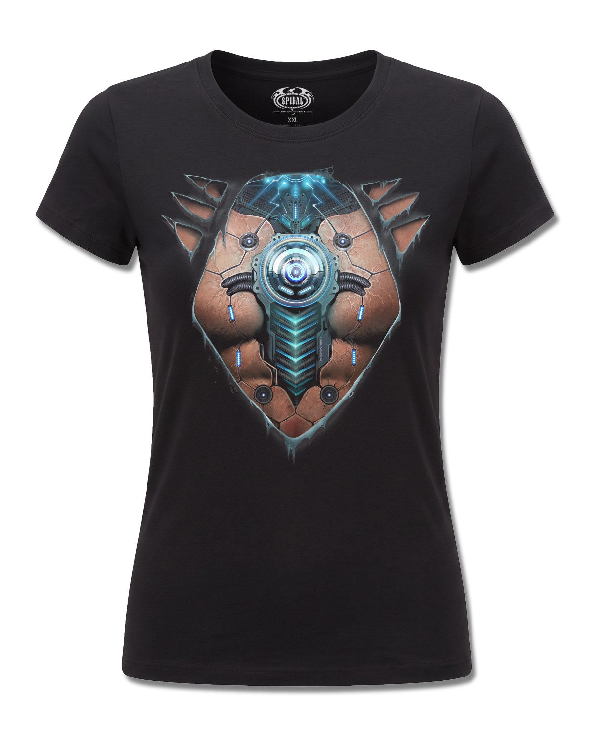Spiral Cyber Skin design, front view on Black F775, Rock Off Retail official merch