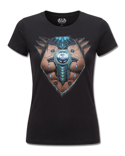 Spiral Cyber Skin design, front view on Black F775, Rock Off Retail official merch