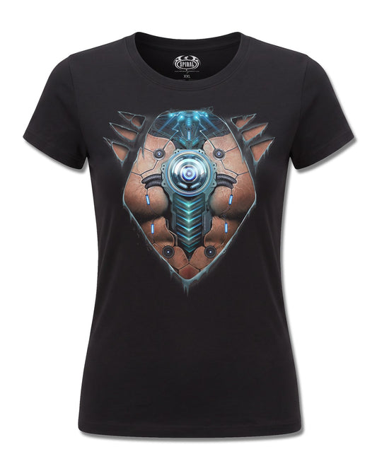 Spiral Cyber Skin design, front view on Black F775, Rock Off Retail official merch
