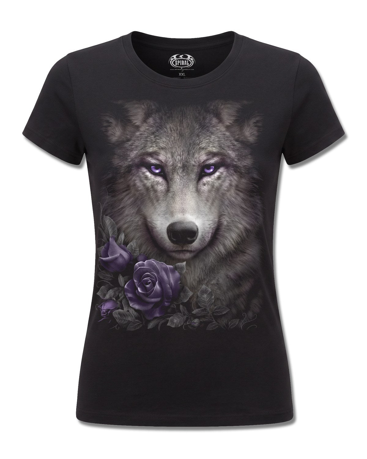 Spiral Wolf Roses design, front view on Black F775, Rock Off Retail official merch