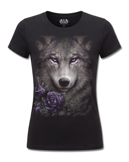 Spiral Wolf Roses design, front view on Black F775, Rock Off Retail official merch