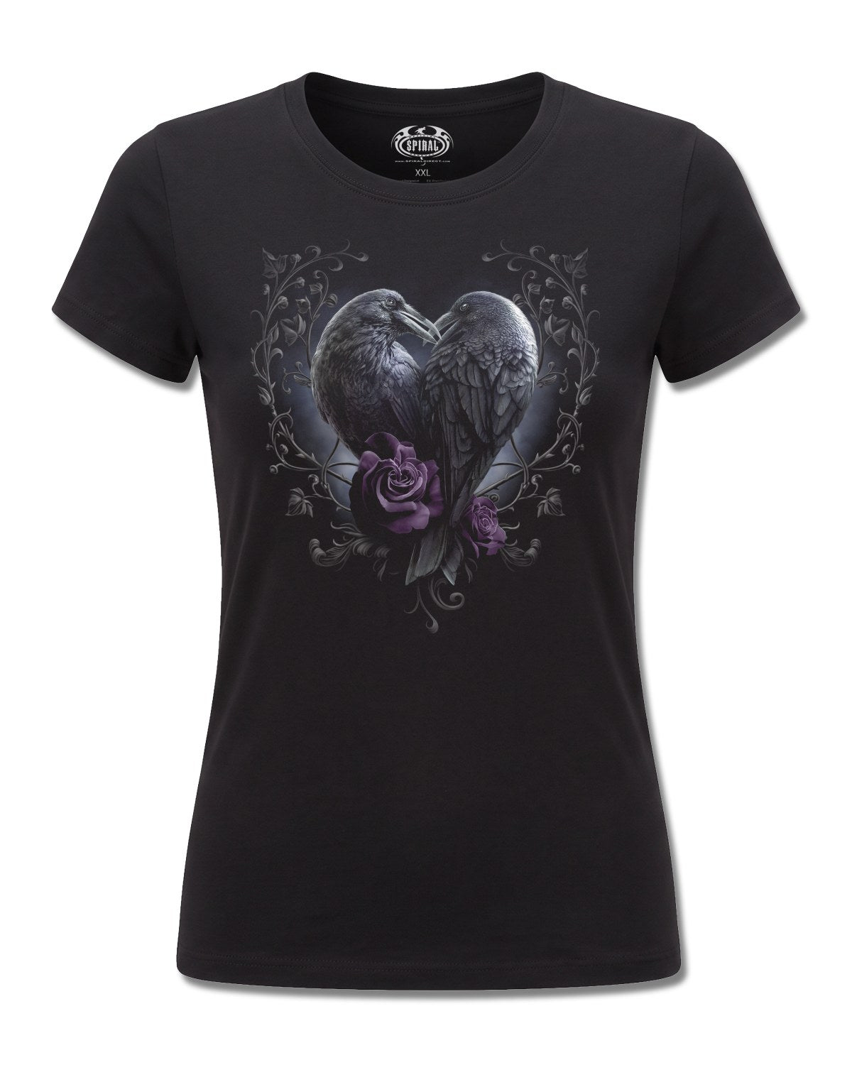 Spiral Raven Heart design, front view on Black F775, Rock Off Retail official merch