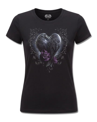 Spiral Raven Heart design, front view on Black F775, Rock Off Retail official merch
