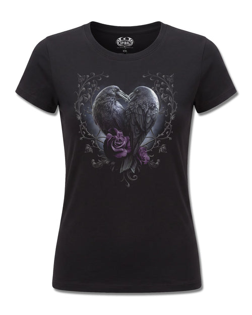 Spiral Raven Heart design, front view on Black F775, Rock Off Retail official merch