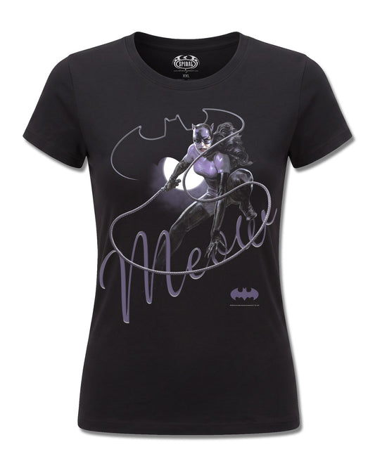 DC Comics Catwoman Meow (Batman) design, front view on Black F775, Rock Off Retail official merch