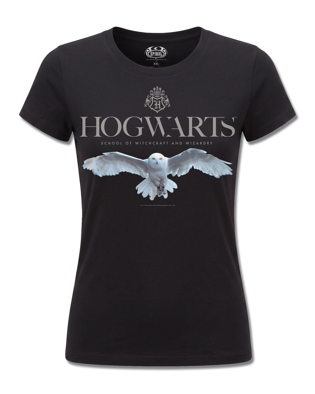 Harry Potter Hedwig Hogwarts Logo (Harry Potter) design, front view on Black F775, Rock Off Retail official merch