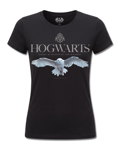 Harry Potter Hedwig Hogwarts Logo (Harry Potter) design, front view on Black F775, Rock Off Retail official merch