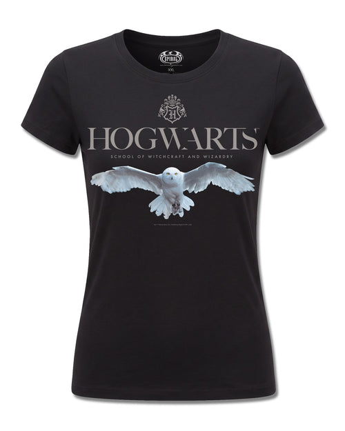Harry Potter Hedwig Hogwarts Logo (Harry Potter) design, front view on Black F775, Rock Off Retail official merch