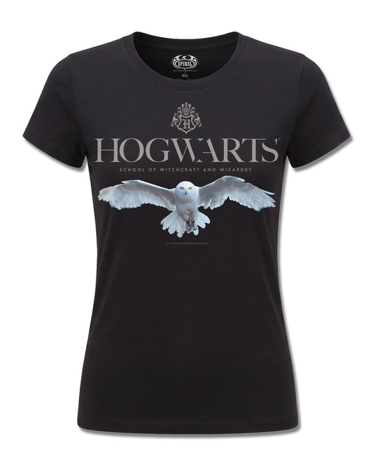 Harry Potter Hedwig Hogwarts Logo (Harry Potter) design, front view on Black F775, Rock Off Retail official merch