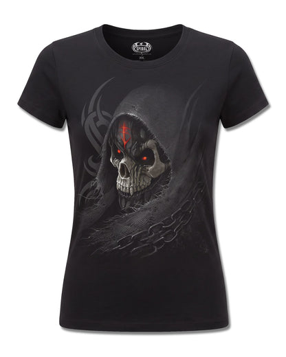 Spiral Dark Death design, front view on Black F775, Rock Off Retail official merch