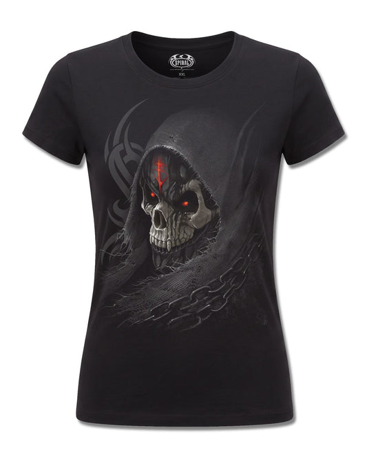Spiral Dark Death design, front view on Black F775, Rock Off Retail official merch