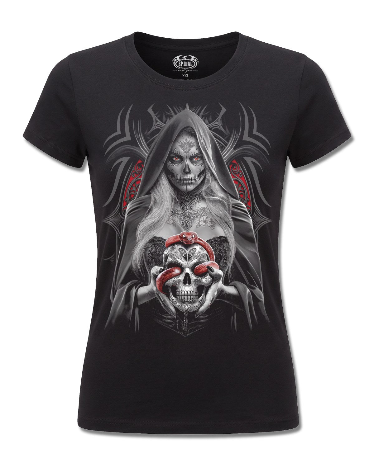 Spiral High Priestess design, front view on Black F775, Rock Off Retail official merch