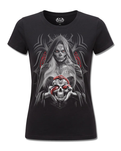 Spiral High Priestess design, front view on Black F775, Rock Off Retail official merch