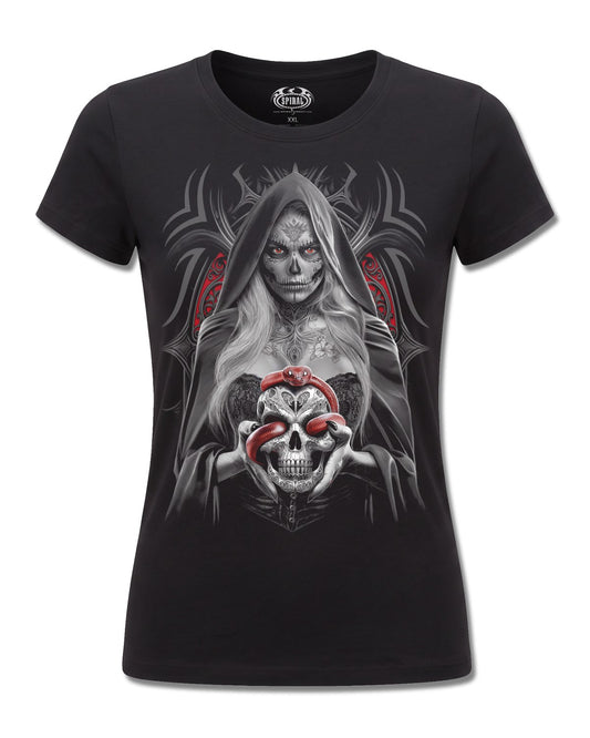 Spiral High Priestess design, front view on Black F775, Rock Off Retail official merch