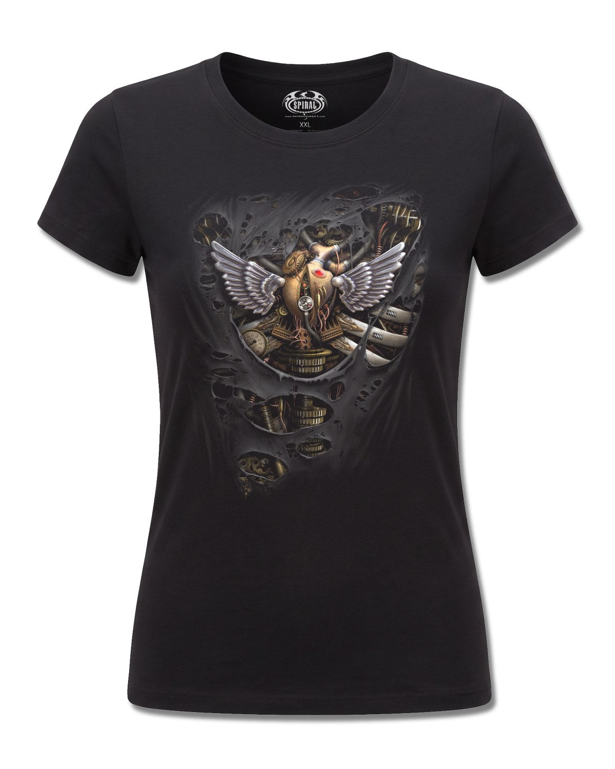 Spiral Steam Punk Ripped design, front view on Black F775, Rock Off Retail official merch