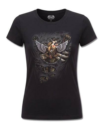 Spiral Steam Punk Ripped design, front view on Black F775, Rock Off Retail official merch
