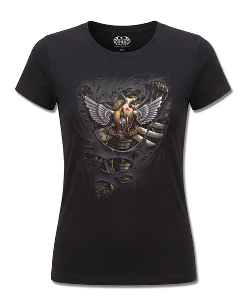 Spiral Steam Punk Ripped design, front view on Black F775, Rock Off Retail official merch
