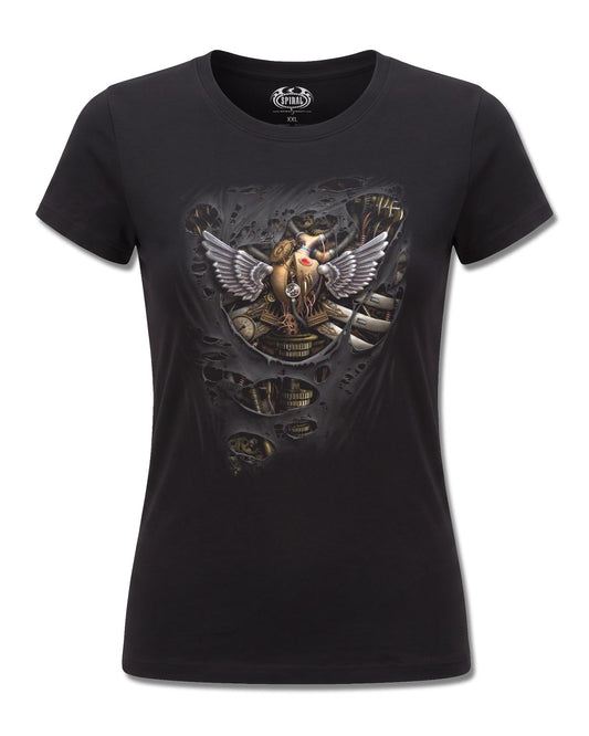 Spiral Steam Punk Ripped design, front view on Black F775, Rock Off Retail official merch