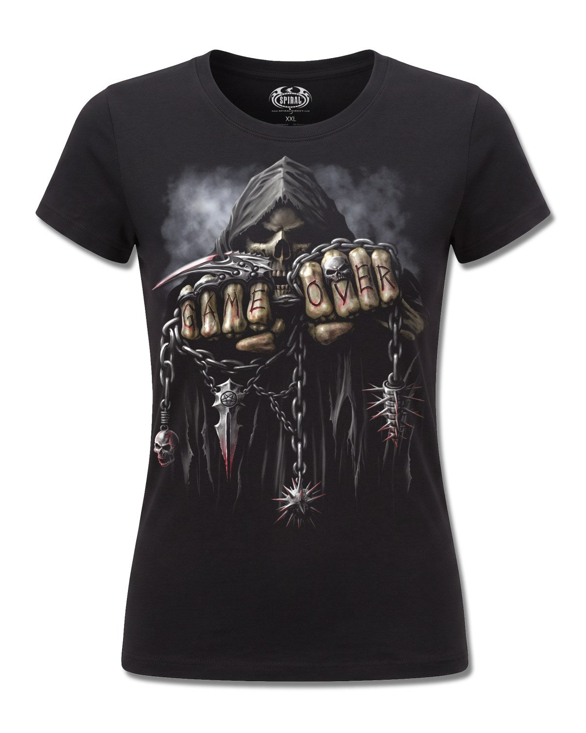 Spiral Game Over design, front view on Black F775, Rock Off Retail official merch