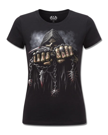 Spiral Game Over design, front view on Black F775, Rock Off Retail official merch