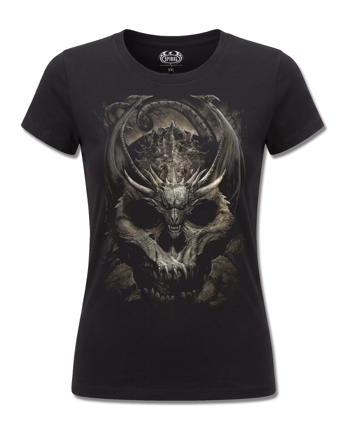 Spiral Draco Skull design, front view on Black F775, Rock Off Retail official merch