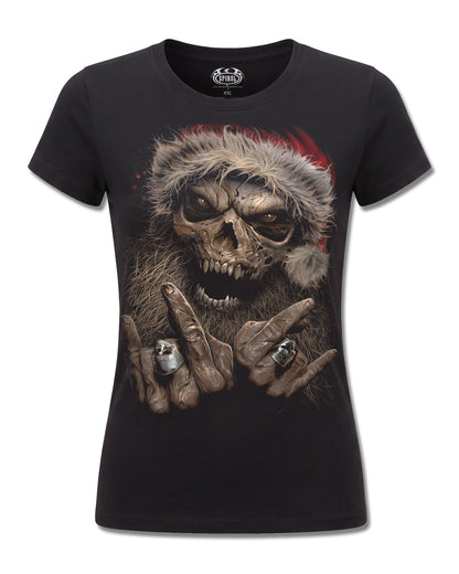 Spiral Rock Santa design, front view on Black F775, Rock Off Retail official merch
