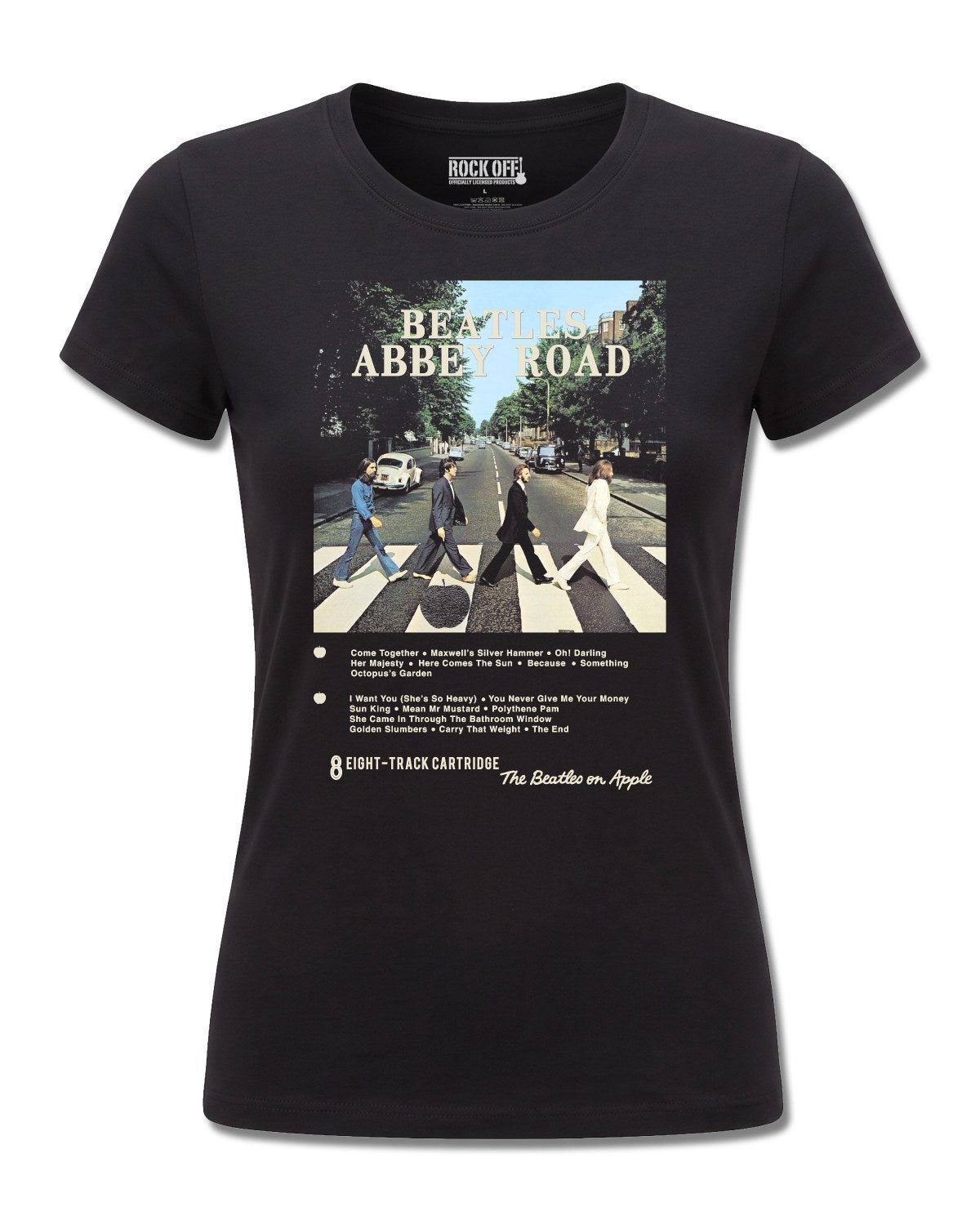 The Beatles Abbey Road 8 Track (The Beatles) design, front view on Black F775, Rock Off Retail official merch