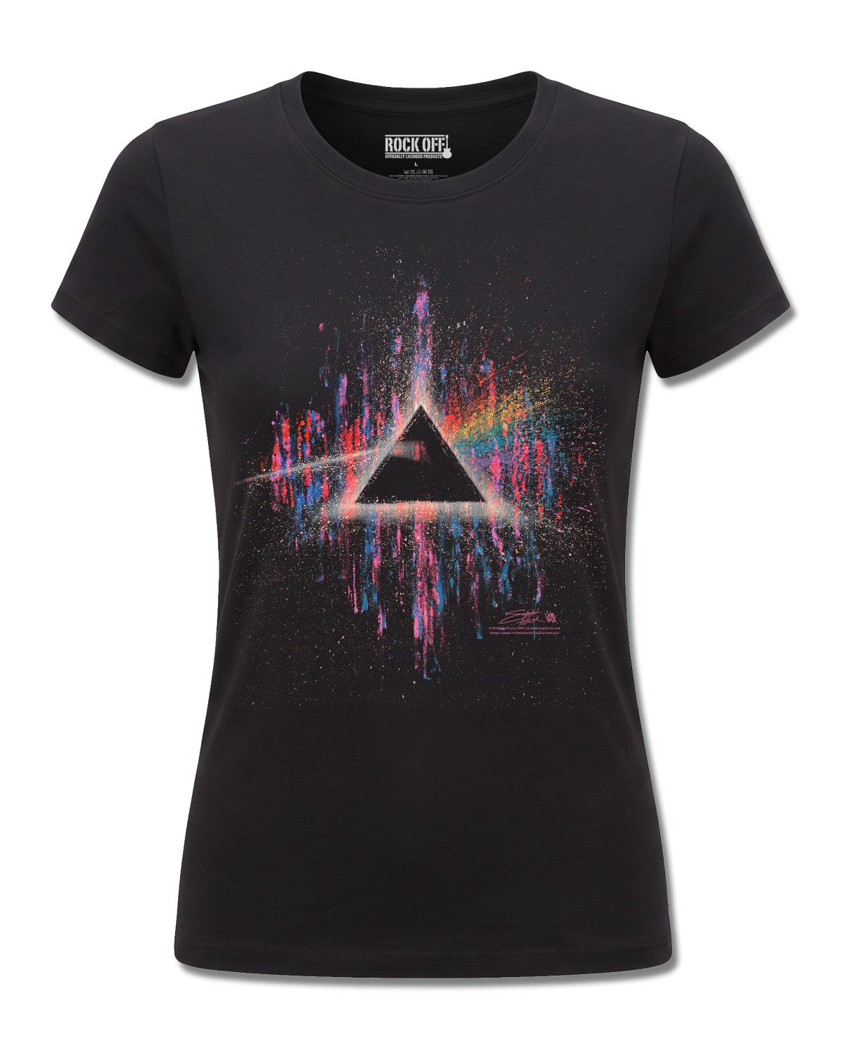 Pink Floyd Dark Side Of The Moon Pink Splatter (Pink Floyd) design, front view on Black F775, Rock Off Retail official merch