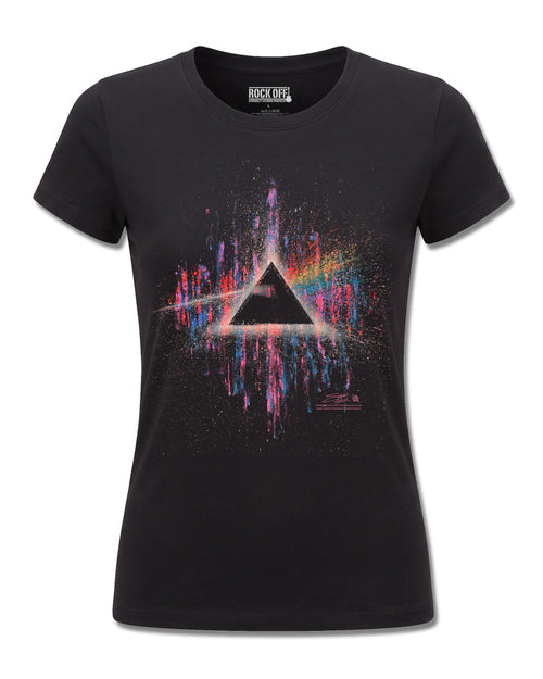 Pink Floyd Dark Side Of The Moon Pink Splatter (Pink Floyd) design, front view on Black F775, Rock Off Retail official merch