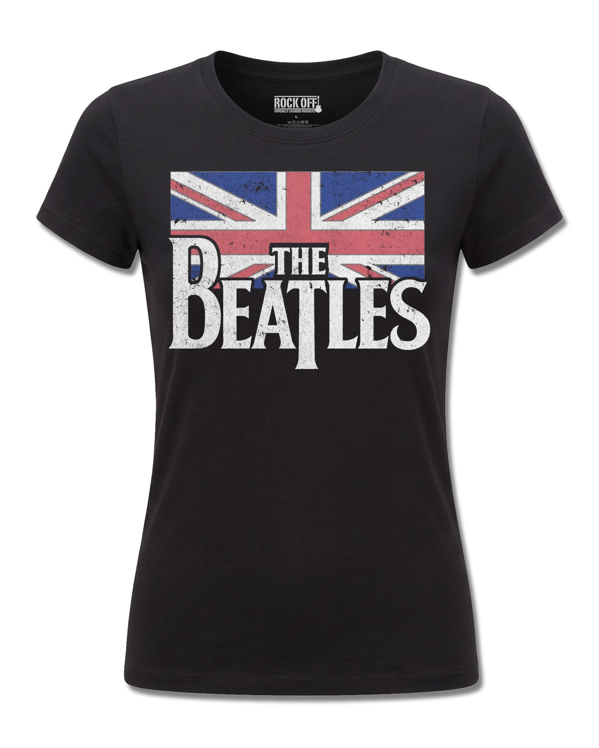 The Beatles Drop T Logo & Vintage Flag (The Beatles) design, front view on Black F775, Rock Off Retail official merch