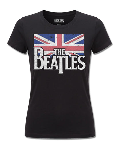 The Beatles Drop T Logo & Vintage Flag (The Beatles) design, front view on Black F775, Rock Off Retail official merch
