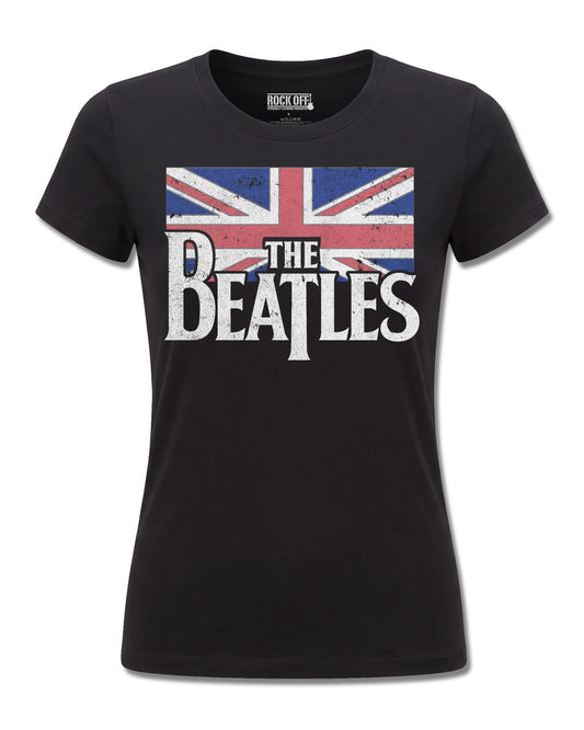 The Beatles Drop T Logo & Vintage Flag (The Beatles) design, front view on Black F775, Rock Off Retail official merch