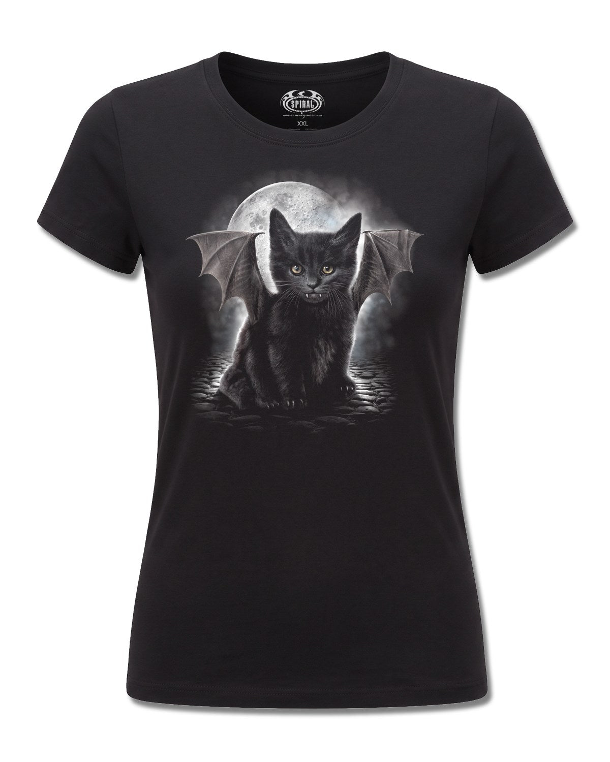 Spiral Bat Cat design, front view on Black F775, Rock Off Retail official merch