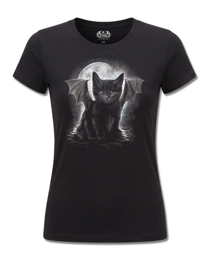 Spiral Bat Cat design, front view on Black F775, Rock Off Retail official merch