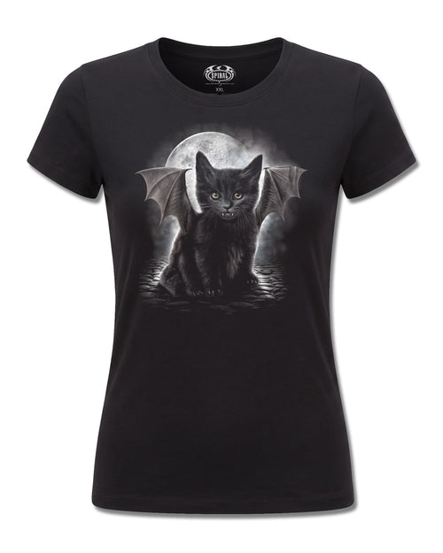 Spiral Bat Cat design, front view on Black F775, Rock Off Retail official merch