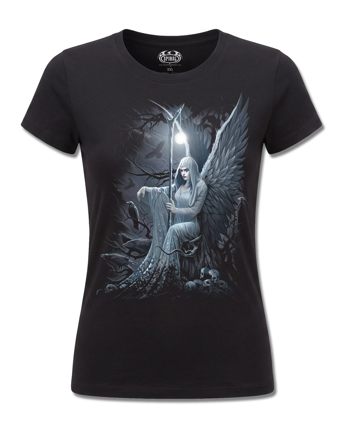 Spiral Ethereal Angel design, front view on Black F775, Rock Off Retail official merch