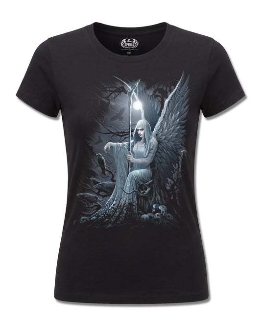Spiral Ethereal Angel design, front view on Black F775, Rock Off Retail official merch