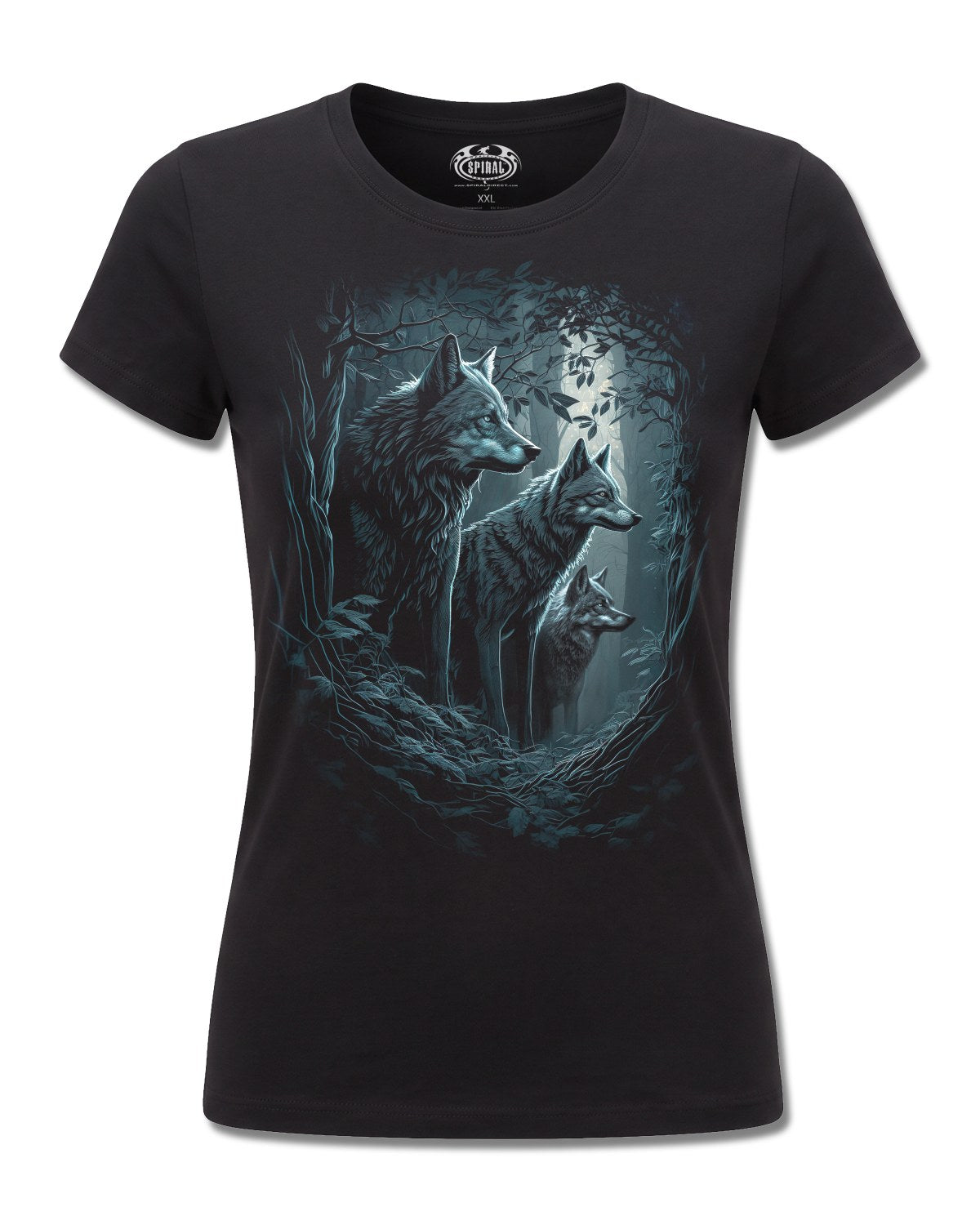 Spiral Forest Guardians design, front view on Black F775, Rock Off Retail official merch