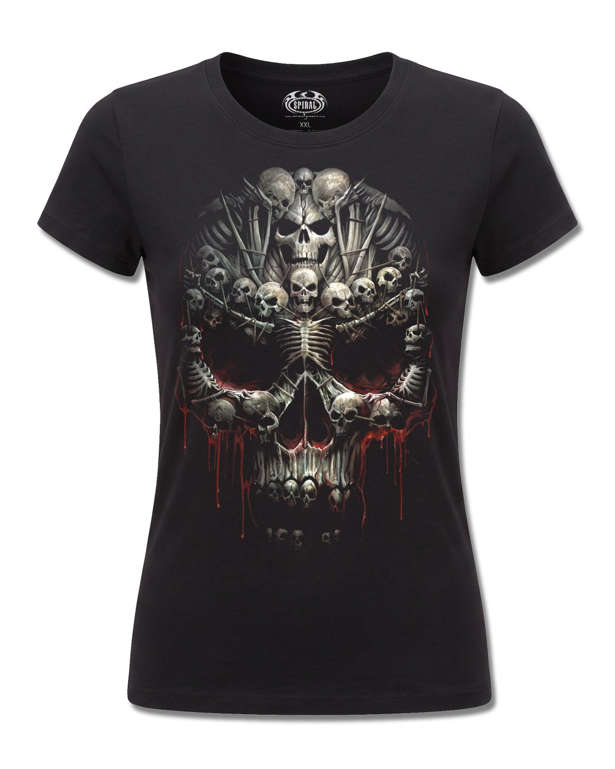 Spiral Death Bones design, front view on Black F775, Rock Off Retail official merch