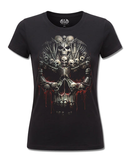 Spiral Death Bones design, front view on Black F775, Rock Off Retail official merch