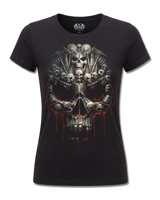 Spiral Death Bones design, front view on Black F775, Rock Off Retail official merch