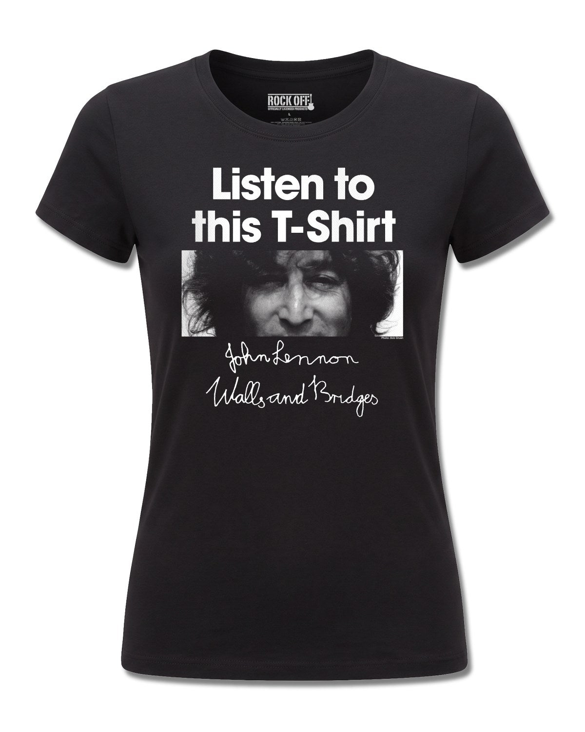 John Lennon Listen (John Lennon) design, front view on Black F775, Rock Off Retail official merch