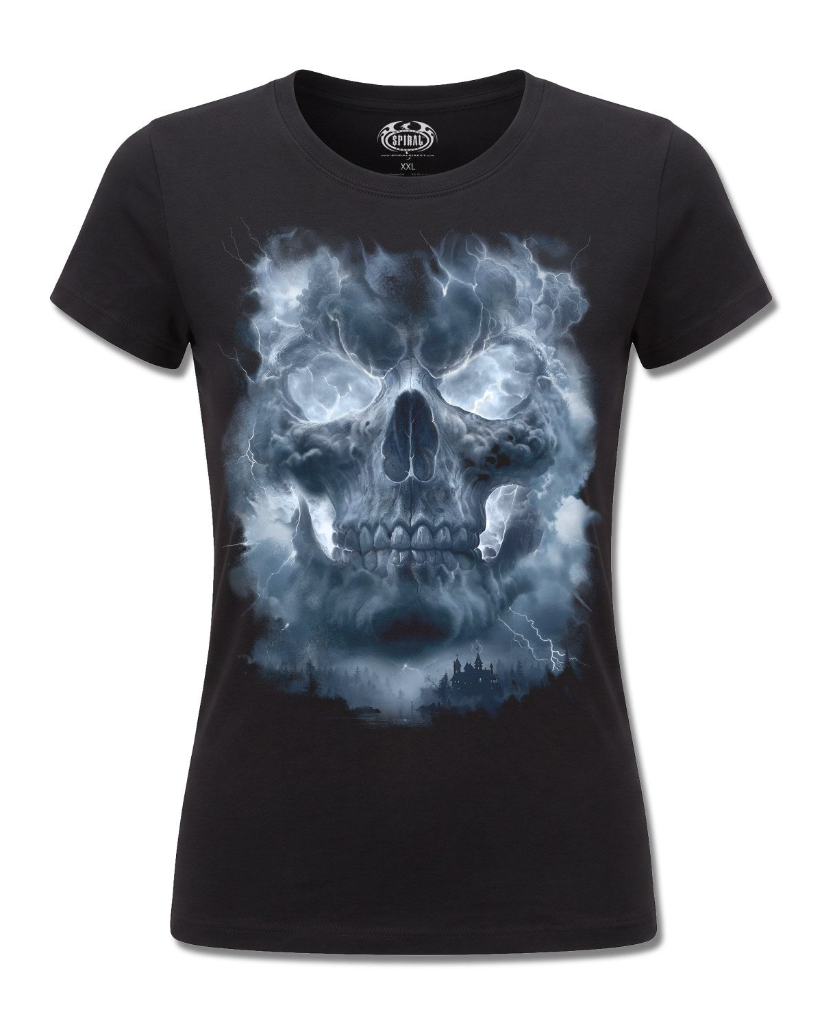Spiral Grave Skies design, front view on Black F775, Rock Off Retail official merch