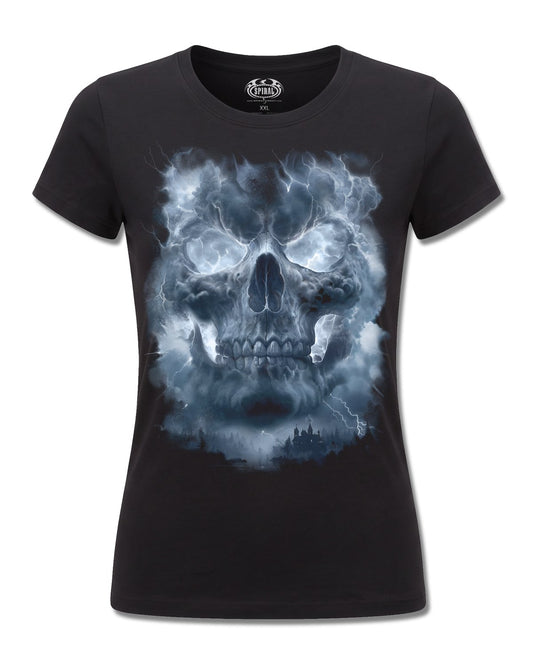 Spiral Grave Skies design, front view on Black F775, Rock Off Retail official merch