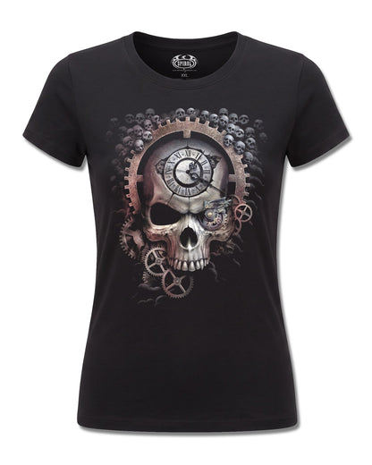 Spiral Reaper Time design, front view on Black F775, Rock Off Retail official merch
