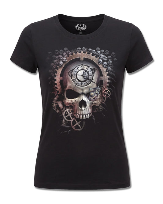 Spiral Reaper Time design, front view on Black F775, Rock Off Retail official merch