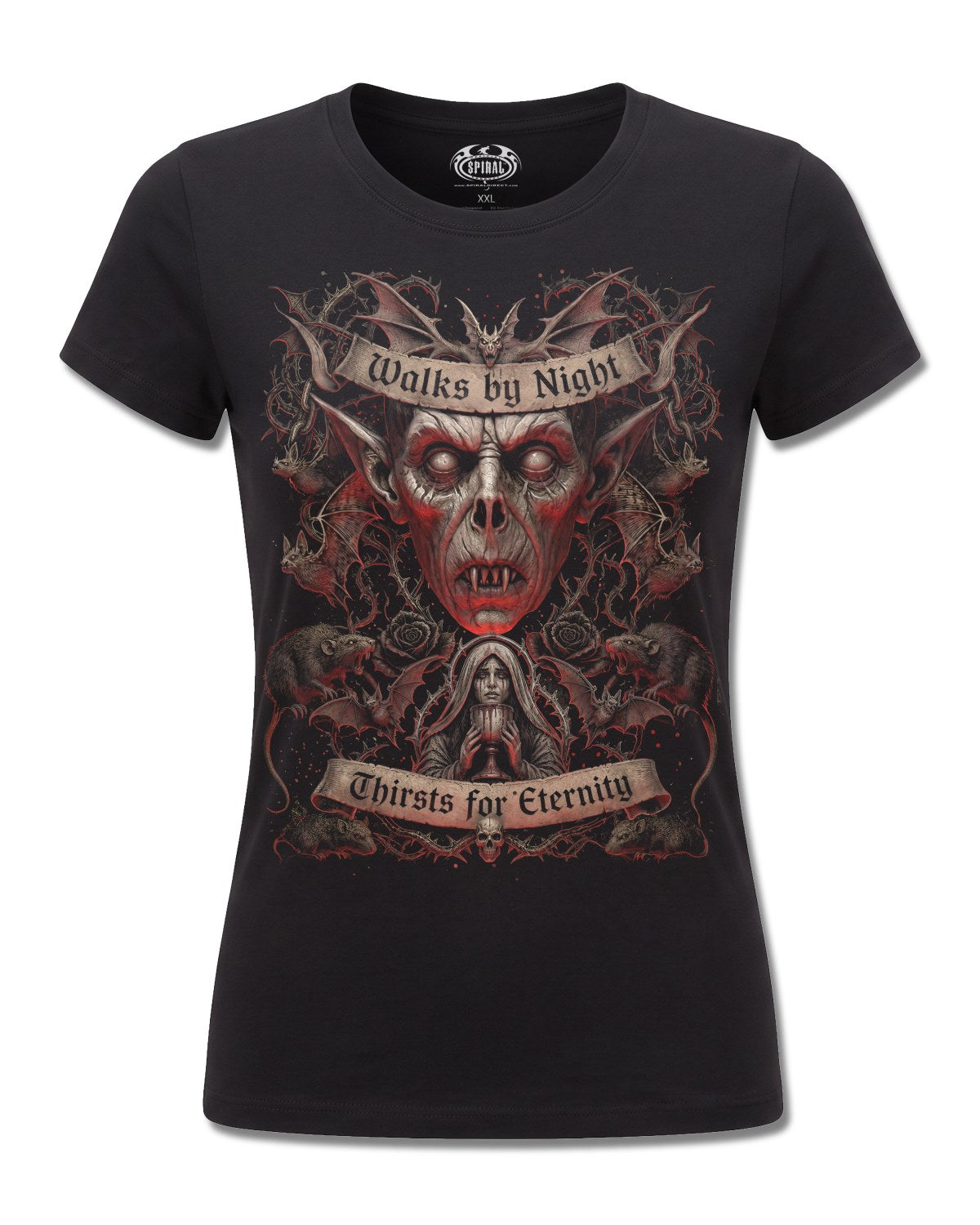 Spiral Walks By Night design, front view on Black F775, Rock Off Retail official merch