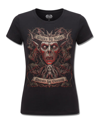 Spiral Walks By Night design, front view on Black F775, Rock Off Retail official merch