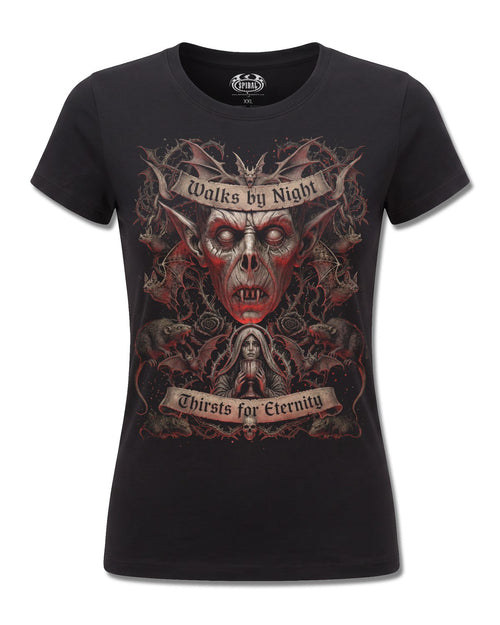 Spiral Walks By Night design, front view on Black F775, Rock Off Retail official merch